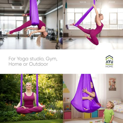 AyuHome Aerial Silks Kit for Home - Premium Yoga Swing for Adults with 660 lbs Capacity - Versatile Aerial Yoga Hammock for Gymnastics Training