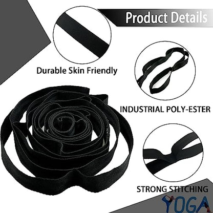 Stretching Strap Yoga Strap with Loops, Stretch Straps for Physical Therapy, Non-Elastic Exercise Strap for Pilates, Dance and Gymnastics with Workout Guide - color: Black