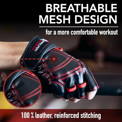 Genuine Leather Gym Gloves for Men Women, Wrist Wrap Support Workout Gloves for Weight Lifting Crossfit Deadlift Barbell Exercise Palm Padding Callus Protection Grips - size: Medium