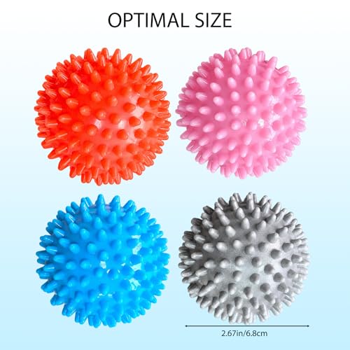 4-Pack Spiky Massage Balls, Massage Ball for Feet, Back, Feet, Hands, Muscles, Soft Spiked Massager Rollers for Plantar Fasciitis Relief, Myofascial Release, Acupressure and Stress Relief, 2.7 Inch