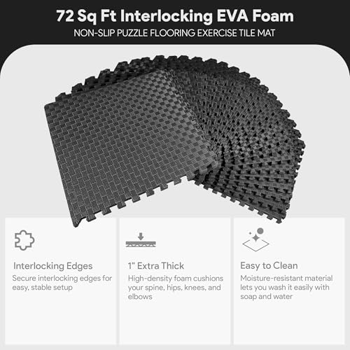 BalanceFrom Puzzle Exercise Mat 1" Thick, EVA Interlocking Foam Floor Tiles for Home Gym, Mat for Home Workout Equipment, Floor Padding for Kids, Black, 24 in x 24 in x 1 in, 72 Sq Ft - 18 Tiles