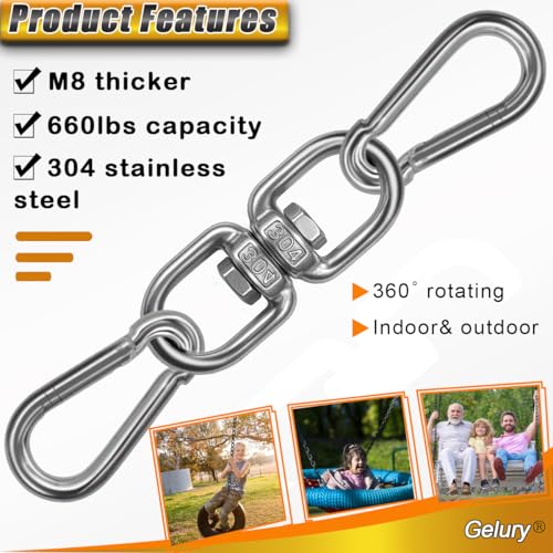 2+1 Heavy Duty 304 Stainless Steel Swing Swivel Ring, Double Ended Swivel Eye Hooks with Snap Hooks, Swing Spinner Hanger for Web Tree Swing, Hammock Chair (Silver, 1Pack) - color: Silver, size: M8 x 1Pack
