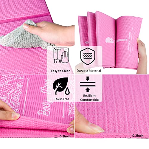 Foldable Yoga Mat for Women, Non Slip Exercise Mat for Home Gym, 5mm Travel Yoga Mats Set With Stretch Strap for Yoga Pilates and Fitness, 68"L x 24"W x 0.2 Inch Thick