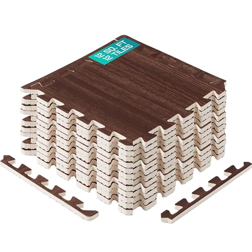 Yes4All EVA Interlocking Mats, Puzzle Floor Tiles, Foam Floor Padding with Border for Furniture, Home Space, Living Room, Garage 11,22,32 SQFT - color: D. Walnut Wood Dark, size: 12"L x 12"W x 0.4"Th, style: 11SQFT