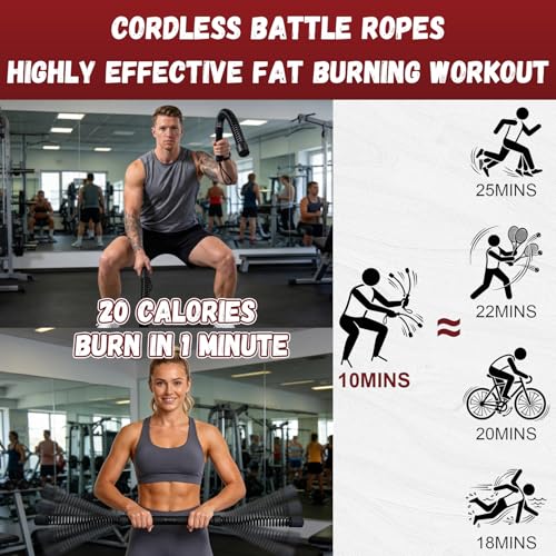 Portable Ropeless Battle Ropes, 2-in-1 Heavy Duty Cordless Battle Ropes for Home Gym (Convertible to Fitness Bar), Strength Building Workout Ropes, Low-Impact Aerobic Training and HIIT for Men & Women