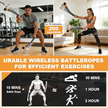 2PCS Weighted Ropeless Battle Ropes for Home Gym, Heavy Duty Portable Cordless Battle Rope with 2 Grip Strengtheners & Poster, Quiet Battle Rope Sticks for HIIT, Strength & Cardio Men & Women