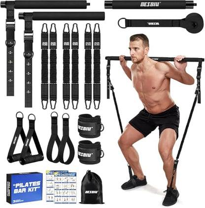 Pilates Bar Kit with Resistance Bands for Working Out, 210lbs Heavy Resistance Bands with Handles, Pilates Equipment with Resistance Band Bar for Men Women, At Home Gym Full Body Workout Equipment