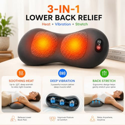 3-in-1 Electric Back Massager Pillow with Heat, Vibration & Traction, Ergonomic Lumbar Support Cushion with Memory Foam for Lower Back Comfort, Bed, Office Chair, Sofa & Car (Ash Gray)