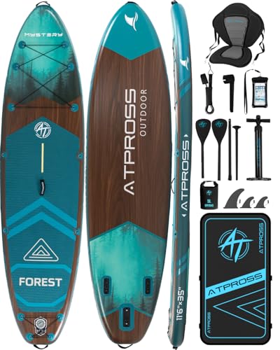 11'6"x35" Inflatable Paddle Board, 450lbs Extra Wide Stand Up Paddleboard for Adults with Premium SUP Accessories Kit & Backpack, Blow Up Kayak Non-Slip Stable Deck Boat for Yoga Fishing Surf - style: Dark Forest Wood Grain/kayak seat