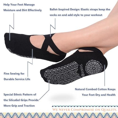 Ozaiic Pilates Socks for Women Non Slip Grip Yoga Barefoot Indoor Workout - color: Black-2 Pairs