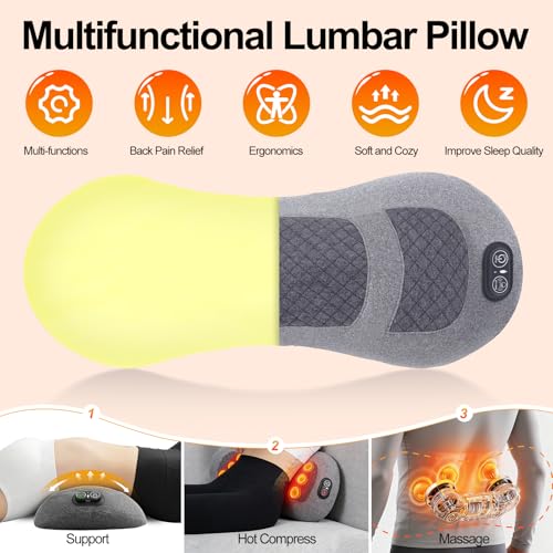 Portable 3-in-1 Electric Lumbar Support Pillow with Heat, Vibration & Traction – Back Massager for Pain Relief & Deep Tissue, Smooth Spine Triple Fusion Back Massager for Bed, Chair, Rechargeable