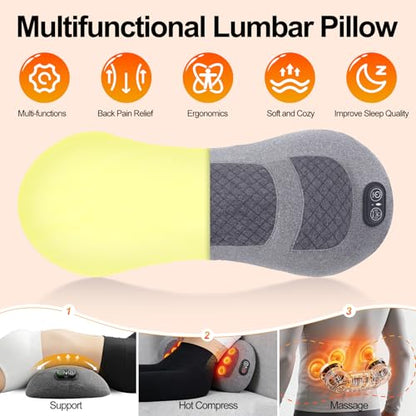 Portable 3-in-1 Electric Lumbar Support Pillow with Heat, Vibration & Traction – Back Massager for Pain Relief & Deep Tissue, Smooth Spine Triple Fusion Back Massager for Bed, Chair, Rechargeable