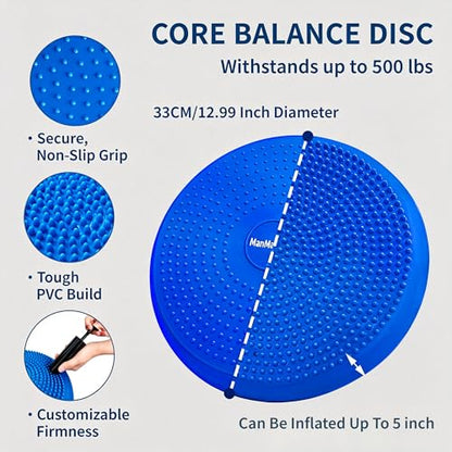 Wobble Cushion Balance Disc, Extra Thick Sensory Pad for Kids & Adults, Flexible Seating Core Strength Trainer for Posture Correction, Desk, Yoga & Stability Workout with Pump