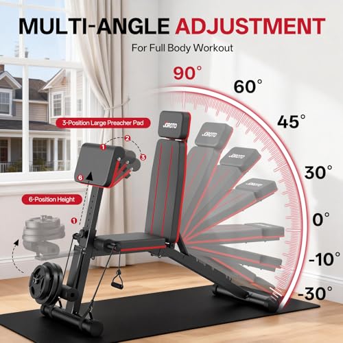 JOROTO Adjustable Weight Bench for Home Gym, 1000 LBS Capacity, Foldable Incline Decline Flat Workout Bench with Leg Extension & Back Extension, Exercise Preacher Curl Bench for Full Body Training