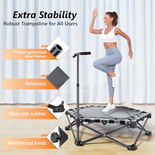 Mini Fitness Trampoline with Adjustable Handle Bar, Black, Indoor Exercise Rebounder for Kids, Foldable Frame