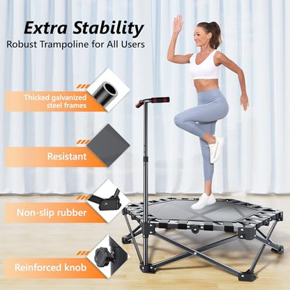 Mini Fitness Trampoline with Adjustable Handle Bar, Black, Indoor Exercise Rebounder for Kids, Foldable Frame