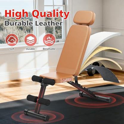 XDDIAS Workout Bench, 10 Backrests Adjustable Weight Bench with Extended Headrest, 800LBS Foldable Weight Bench for Home Gym, Incline Decline Flat Bench Compact for Small Space Training - color: Brown