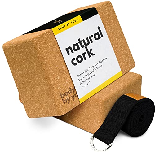 Cork Yoga Blocks 2 Pack – High Density Non Slip with Select Cork Grain for Chip-Resistant Durability | Extra Thick 4” for Support & Stability | Natural, Smooth, and Crumble Free | Body By Yoga