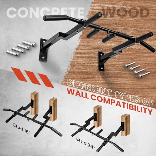 Yes4All Multi-Grip Wall Mount Pull-Up Bar, 16 Inches & 24 Inches Reversible Stud and Wall Compatibility Mounted Pull Up Bar Design, Solid Construction Strength Training - color: A. Wall and 16" or 24" Stud Mounted Chin Up Bar