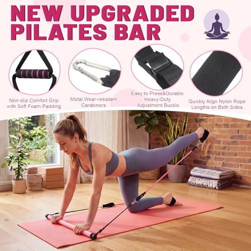 Pilates Bar Kit with Resistance Bands and Yoga Mat, Adjustable Metal Bar Portable Home Fitness Set for Women Full Body Workouts, Core, Strength, Stretching and Pilates Training