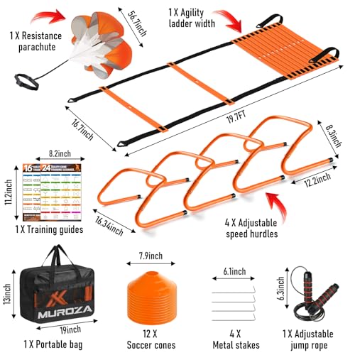 Agility Ladder, Agility Speed Training Equipment Set, 20ft Speed Ladder, 12 Soccer Cones, 4 Hurdles, Jump Rope, Running Parachute, Soccer Football Basketball Training Equipment Accessories
