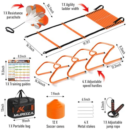 Agility Ladder, Agility Speed Training Equipment Set, 20ft Speed Ladder, 12 Soccer Cones, 4 Hurdles, Jump Rope, Running Parachute, Soccer Football Basketball Training Equipment Accessories
