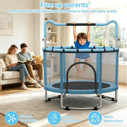 55/60" Trampoline for Kids, 4.5/5 FT Toddler Trampoline with Enclosur Net, Basketball Hoop & Sandbag, 440 LBS Capacity, Adjustable Height，Gifts for Ages 3-12 Boys & Girls