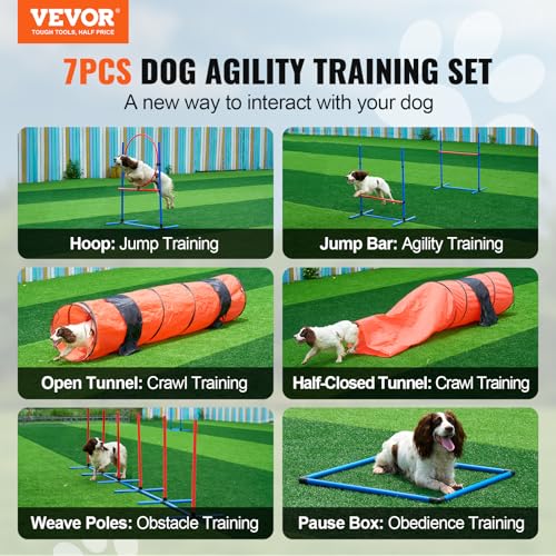VEVOR Dog Agility Course Backyard Set, 13pcs Agility Training Equipment for Dogs, 2 Tunnels with Sandbags,Adjustable Hurdles,Weave Poles,Jump Ring,Pause Box, Puppy Obstacle Course Kit with Storage Bag - size: 13 Pcs Upgraded Set