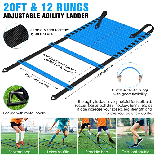 Agility Ladder Speed Training Equipment Set-20ft Agility Ladder,12 Soccer Cones,4 Hurdles, Jump Rope, Running Parachute| Basketball Football Soccer Training Equipment for Kids Youth Adults
