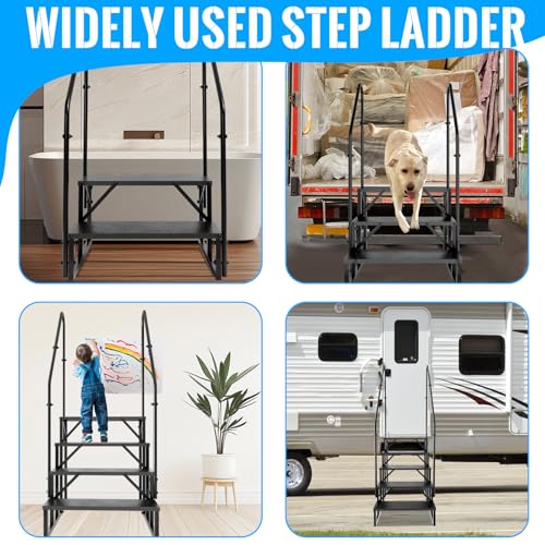 4 Step RV Stairs with 2 Handrails, 660LBS Heavy Duty Anti‑Slip Metal Steps, Detachable Outdoor Stairs for Hot Tub, 5th Wheel, Pool, Mobile Home, Porch, Pet Steps(2 handrails) - style: 4 handrails Step
