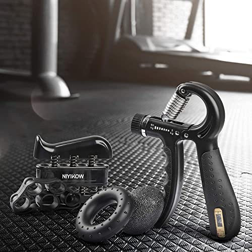 NIYIKOW Grip Strength Trainer Kit With Counter (5 Pack) - Adjustable Hand Strengthener, Counting Strength, Finger Trainer, Exerciser, Ring & Stress Relief Ball With Carry Bag
