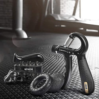 NIYIKOW Grip Strength Trainer Kit With Counter (5 Pack) - Adjustable Hand Strengthener, Counting Strength, Finger Trainer, Exerciser, Ring & Stress Relief Ball With Carry Bag