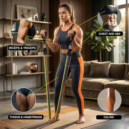 Wellesa 11Pc Resistance Bands Set for Exercise, Stretching and Workout Toning Tube Kit with Foam Handles, Door Anchor, Ankle Strap and Long Carry Bag for Men, Women