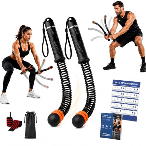 Ropeless Battle Ropes Adjustable Weighted Cordless Battle Rope Sticks for Home Gym, Portable Full Body Workout Equipment for Cardio & Strength Training, Includes Wrist Straps & Carry Bag