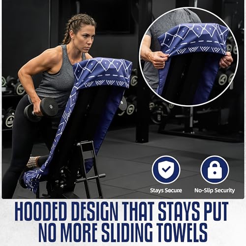 Hooded Microfiber Gym Towel – Highly Absorbent Car Seat Towel with Carry Bag – Double-Sided Sweat Towel, Reversible, Quick Dry & Sand-Resistant Fabric, Aztech Blue, 130 x 60cm
