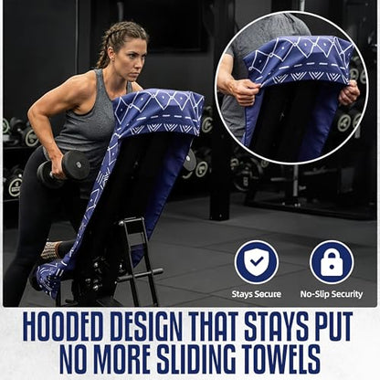 Hooded Microfiber Gym Towel – Highly Absorbent Car Seat Towel with Carry Bag – Double-Sided Sweat Towel, Reversible, Quick Dry & Sand-Resistant Fabric, Aztech Blue, 130 x 60cm