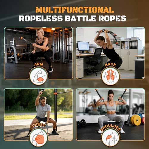 Cordless Battle Ropes, Adjustable Ropeless Battle Rope for Home Gym Workout, Portable Arm Fitness Equipment for Strength Training & Cardio, No Anchor Needed with Training Poster