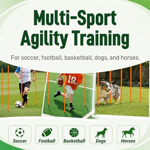 6 Pcs Soccer Agility Poles for Training, 5 FT Adjustable Speed and Agility Training Equipment for Football/Basketball/Horse/Dog Practice, Soccer Sticks with Steel Ground Nails Outdoors
