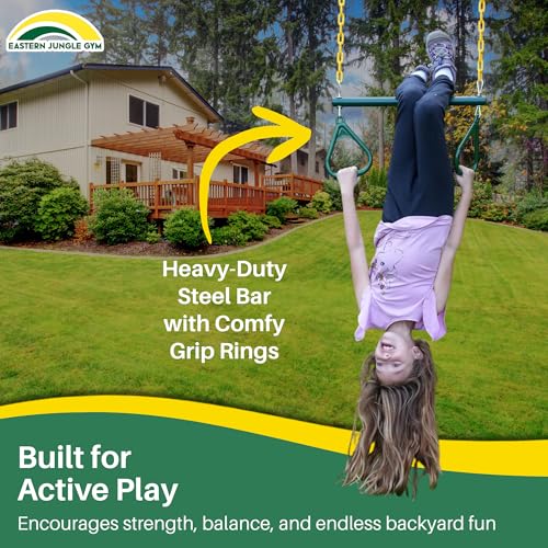 Heavy-Duty Ring Trapeze Bar Combo, Large 20" Trapeze Swing Bar with Triangular Gymnastic Rings and Pinch-Free Coated Swing Chains 43" Long