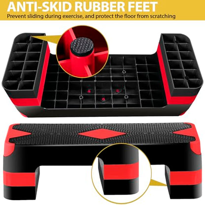 26.5" Height Adjustable Step Aerobic Platform with 4 Risers, Exercise Workout Stepper for Home Training, Gym Fitness, 4''- 6'' - 8'', 400 lbs Capacity - color: Red