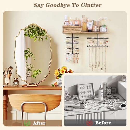 Jewelry Organizer Hanging Wall Mounted Jewelry Holder with Rustic Wood Drawer & Large Capacity Storage Shelf Rack Display for Earrings Rings Necklaces Bracelet - color: Carbonized Black