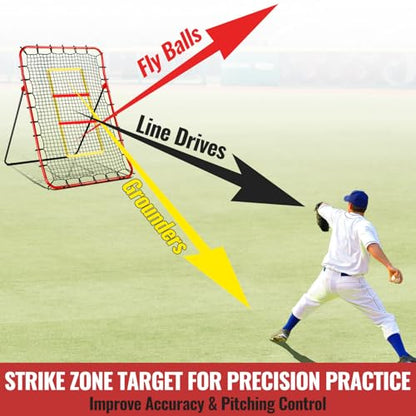 Baseball Rebounders + Pitchback Net,Adjustable 5 Angle Pitch Return Trainer for Fielding,Pitching & Catch Practice,Rebound Net with 3 Targets Simulate Grounders, Line Drives,Fly Balls for All Players