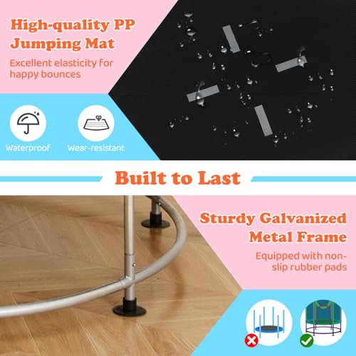 GYMAX 55" Trampoline for Kids, 440LBS 6 in 1 Toddler Rebounder with Swing, Basketball Hoop, Punching Bag, Rings & Bar, No-Gap Jumping Mat Mini Indoor Outdoor Trampoline - color: Pink-Green-Blue