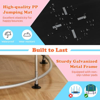 GYMAX 55" Trampoline for Kids, 440LBS 6 in 1 Toddler Rebounder with Swing, Basketball Hoop, Punching Bag, Rings & Bar, No-Gap Jumping Mat Mini Indoor Outdoor Trampoline - color: Pink-Green-Blue