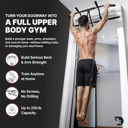 DMoose Fitness Pull Up Bar for Doorway - Upto 250 Lbs Capacity, No Screwing or Slipping, Hanging Pullup & Chin Up Bar for Door Frame - Multi Padded Grips for Strength Training with Installation Guide