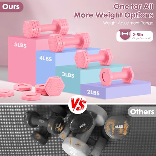 EQUIPRO Adjustable Dumbbell Set, 4 in 1 Free Weights Dumbbells Set for Women, Weights for Women at Home, 2lb 3lb 4lb 5lb with TPU Soft Rubber Handle for Home Gym Exercise Training - color: Pink