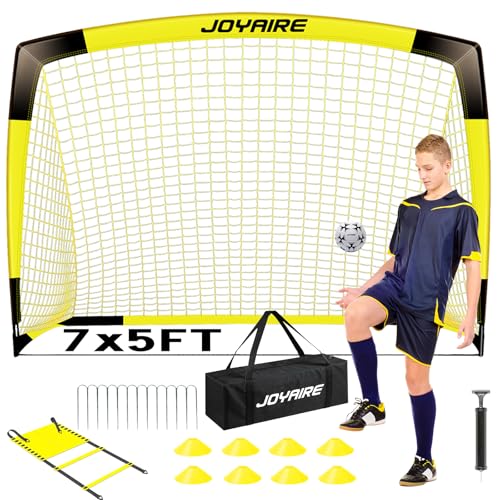 Pro-Grade Kids Backyard Soccer Goal, Tear-Resistant 5-Layer Polyester Soccer Net & 10mm Poles for Maximum Durability, 4x3ft/6x4ft/7x5ft, Pop Up Portable Soccer Training Equipment Set with Size 4 Ball - size: 7 ft x 5ft, 1 Pack, style: Yellow