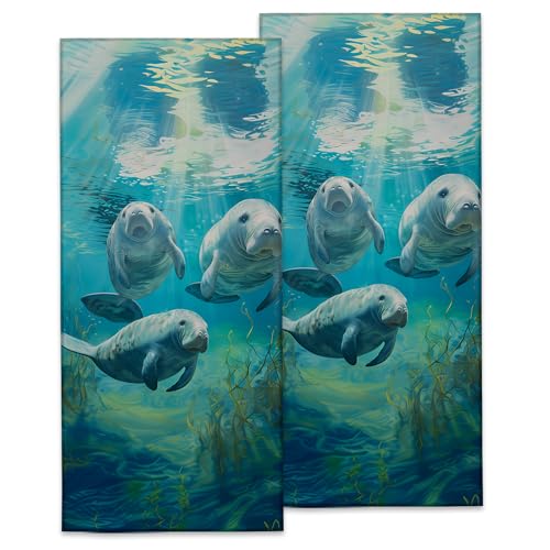 Gentle Manatee Hand Towels, Soft Decorative Serene Underwater Scene Hand Towel Set of 2 for Bathroom Hotel Home, Absorbent Dish Towels for Kitchen Drying Farmhouse Gifts 14×28 Inch - color: Manatee16