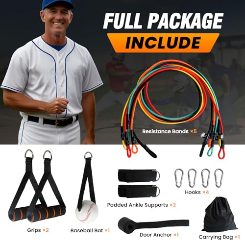 Baseball Arm Bands Training Kit, 5-Level Baseball Resistance Bands Set with Baseball Bat, Handles, Door Anchor, Ankle Strap and 4 Hooks for Arm Strength Training