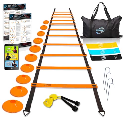 Agility Ladder Full Training Equipment Set, Improves Coordination, Speed, Power and Strength, Includes 10 Cones 4 Hooks and 3 Loop Resistance Bands for Outdoor Workout (Orange)